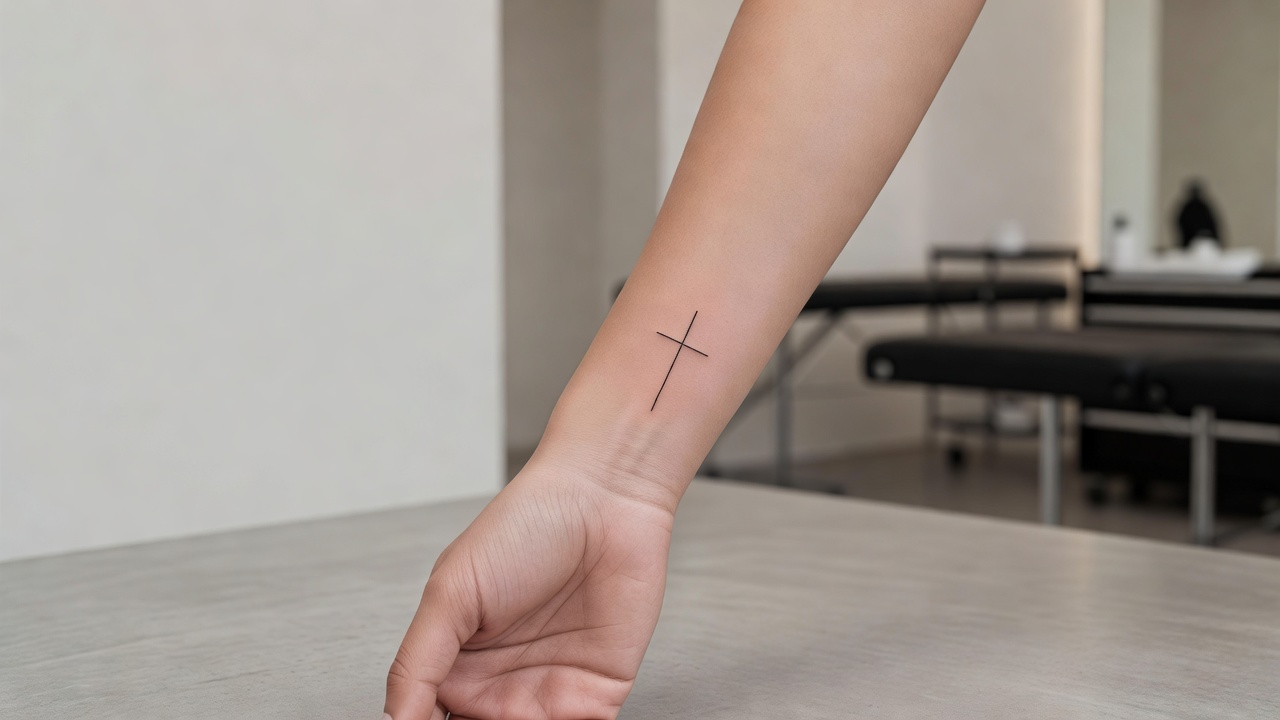Kleines Fine-Line-Kreuz-Tattoo am Handgelenk als beliebte minimalistische Platzierung