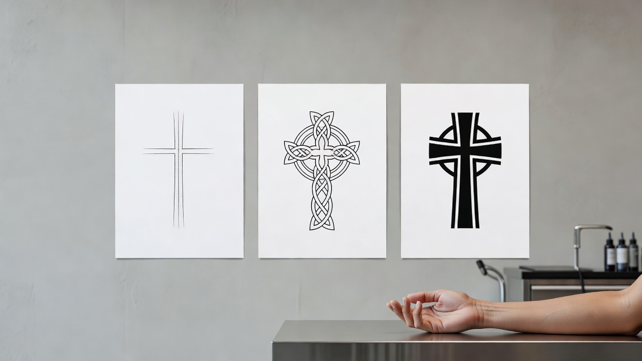 Drei Kreuz-Tattoo-Stilvarianten mit minimalistischem Fine-Line-, keltischem Knotenmuster- und geometrischem Blackwork-Design