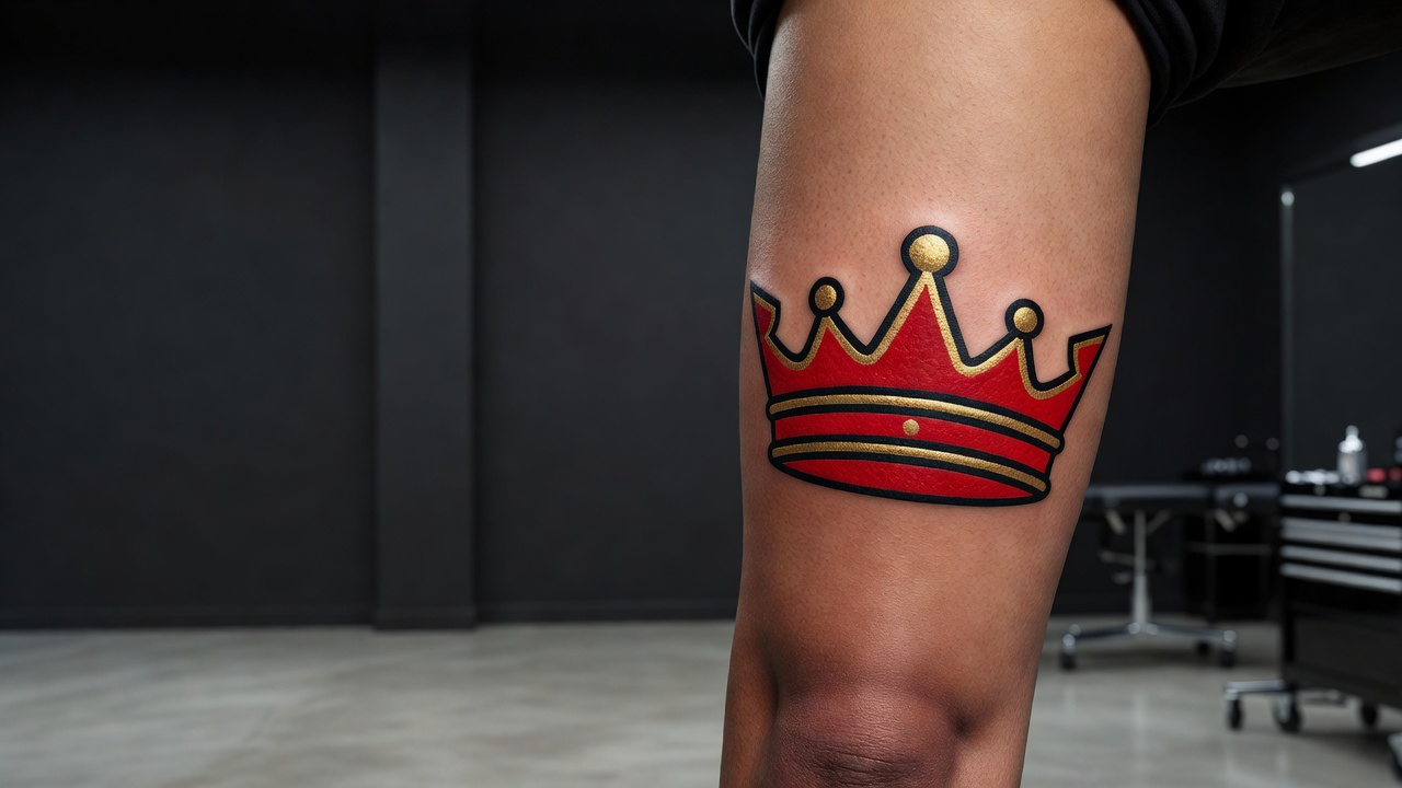 Bold traditional crown tattoo in gold, red and black on the upper arm, a crown tattoo design idea