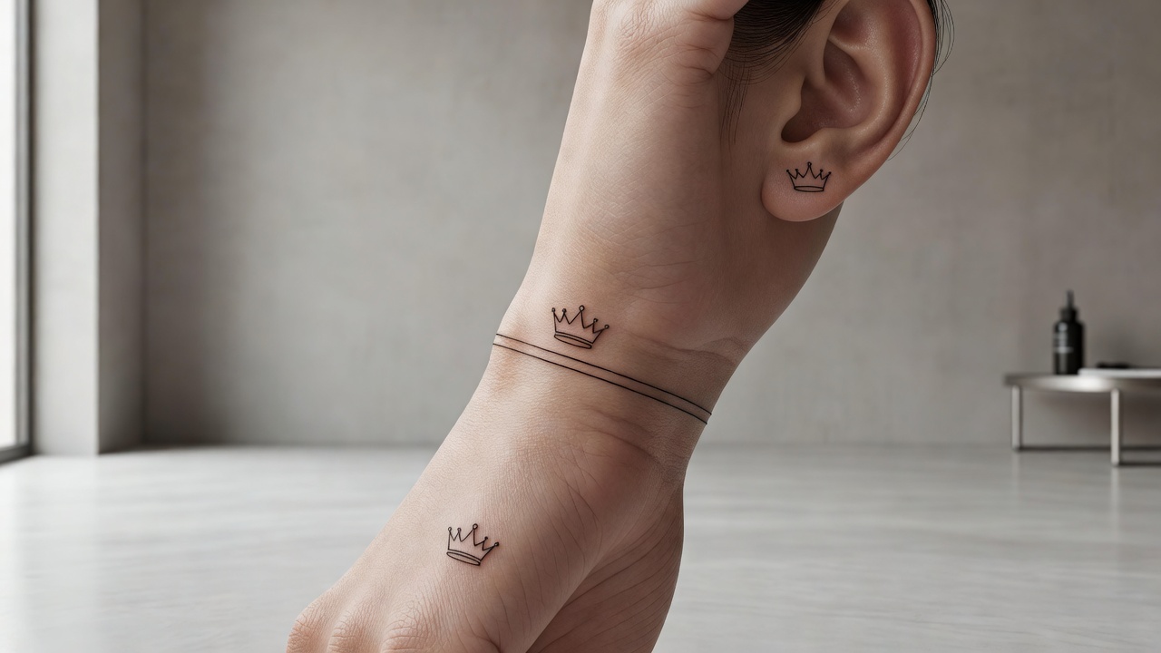 Tiny fine line crown tattoos on a finger, wrist and behind the ear, small crown tattoo placement ideas