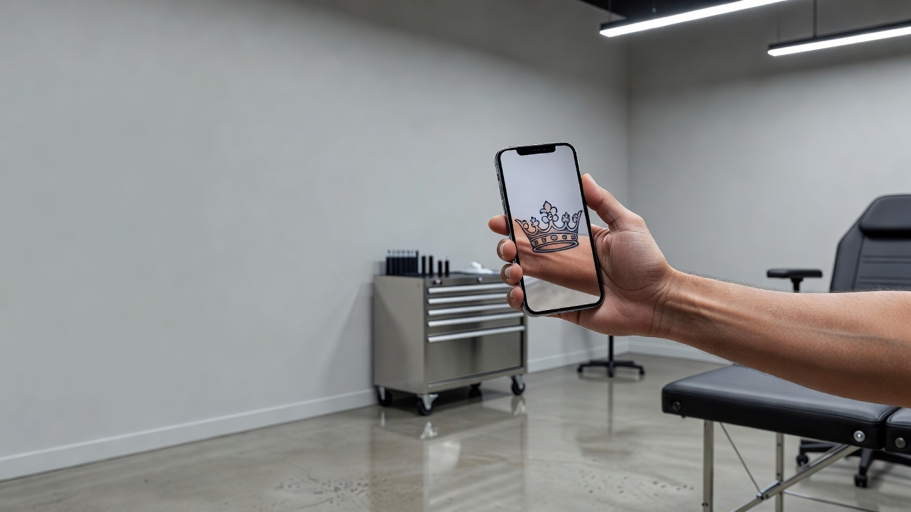 Previewing a crown tattoo design on the forearm with a smartphone before booking an artist