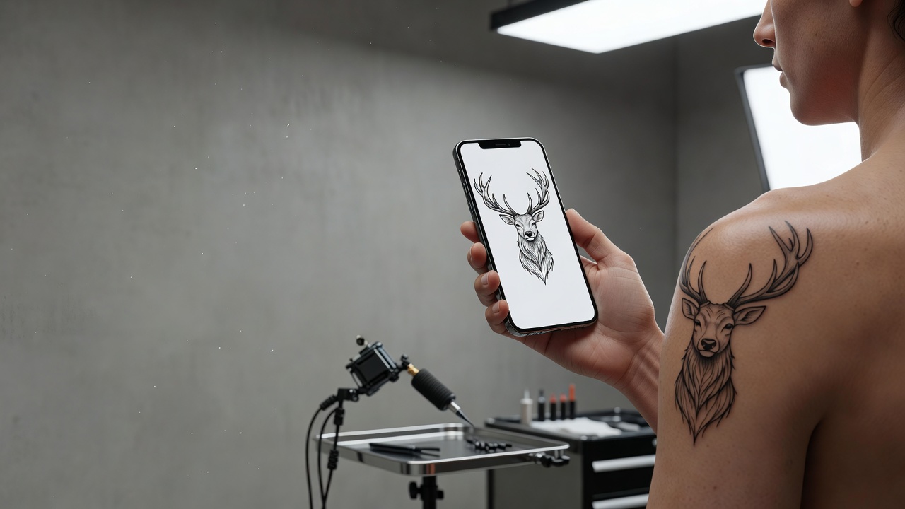 Podgląd wzoru tatuażu z jeleniem na ramieniu w smartfonie przed umówieniem się z tatuatorem