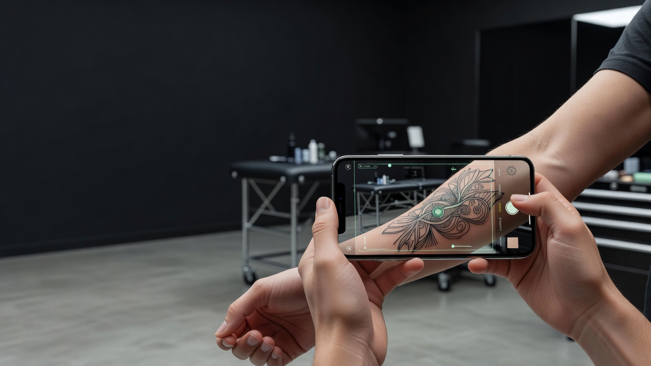 AR-Anprobe-Vorschau, die ein individuell gestaltetes Tattoo mit der Handykamera in echter Größe auf einem Unterarm platziert