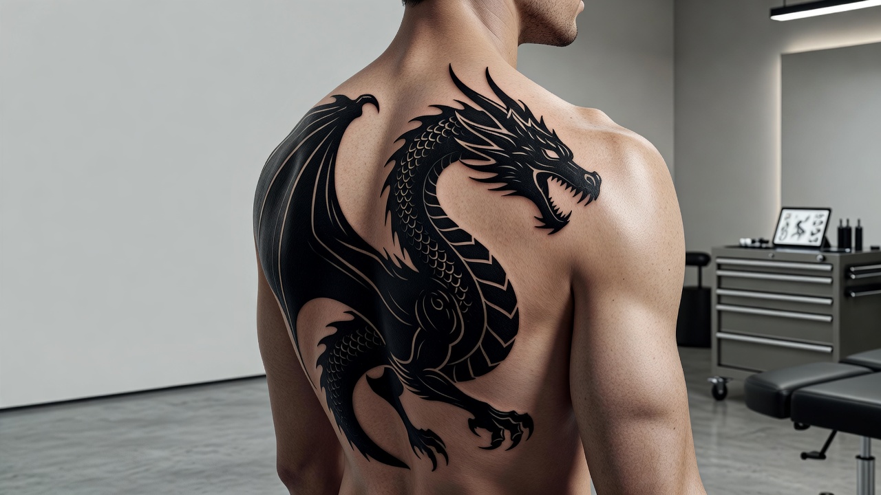 Tatuaje de dragón blackwork audaz en un hombro que representa fuerza, poder y protección