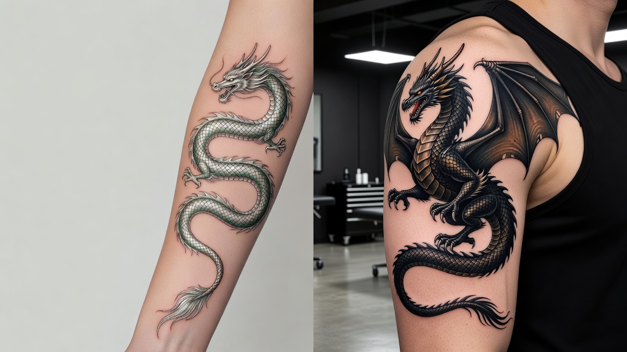Tatuaje de dragón serpentino oriental y tatuaje de dragón alado occidental mostrados lado a lado sobre la piel
