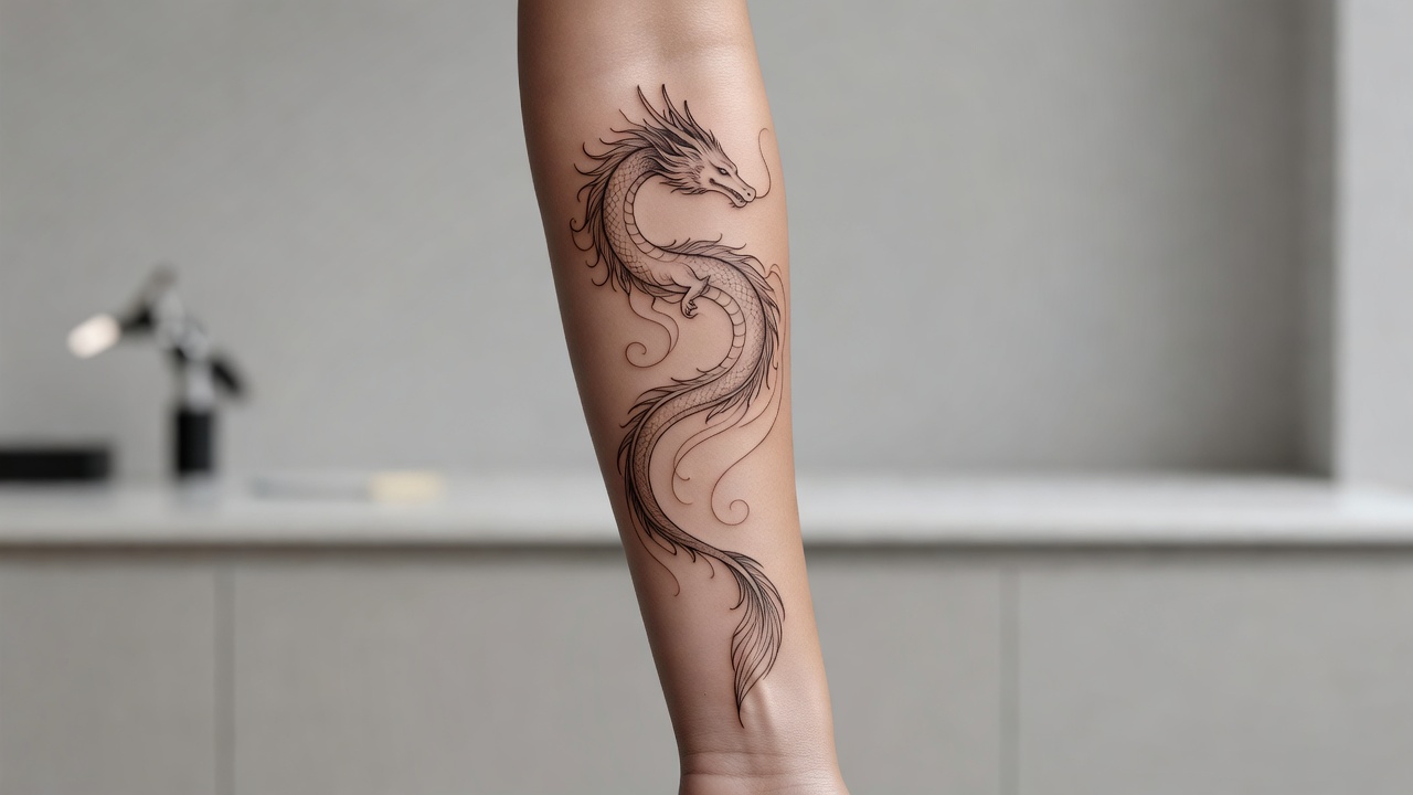 Tatuaje de dragón que fluye por un antebrazo siguiendo las líneas naturales del cuerpo