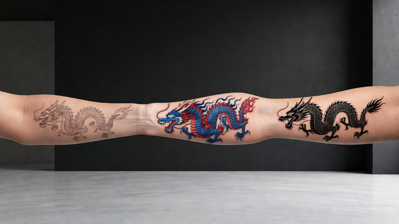 Tres estilos de tatuaje de dragón línea fina irezumi japonés y blackwork mostrados juntos sobre la piel