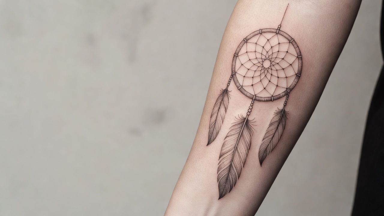Fine line dotwork dromenvanger-tattoo op de onderarm met detail van het geweven web en de hangende veren