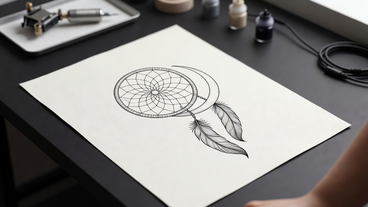 Dromenvanger-tattoo gecombineerd met een maan en veren, illustreert hoe combinaties de betekenis van het ontwerp veranderen