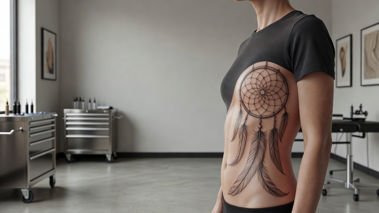 Dromenvanger-tattoo met veren die langs de zijkant van het lichaam vloeien
