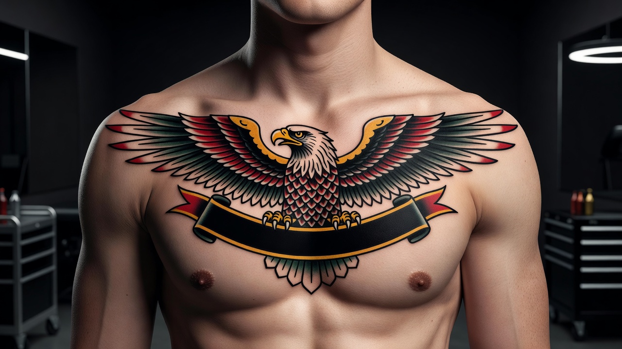 American traditional eagle tattoo with spread wings and banner in bold black linework on the chest