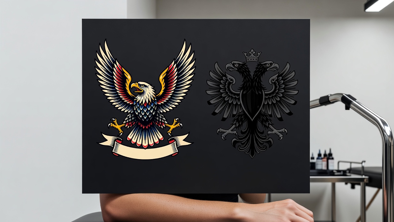 Traditional American eagle tattoo design with wings spread and banner compared to a double-headed heraldic eagle design