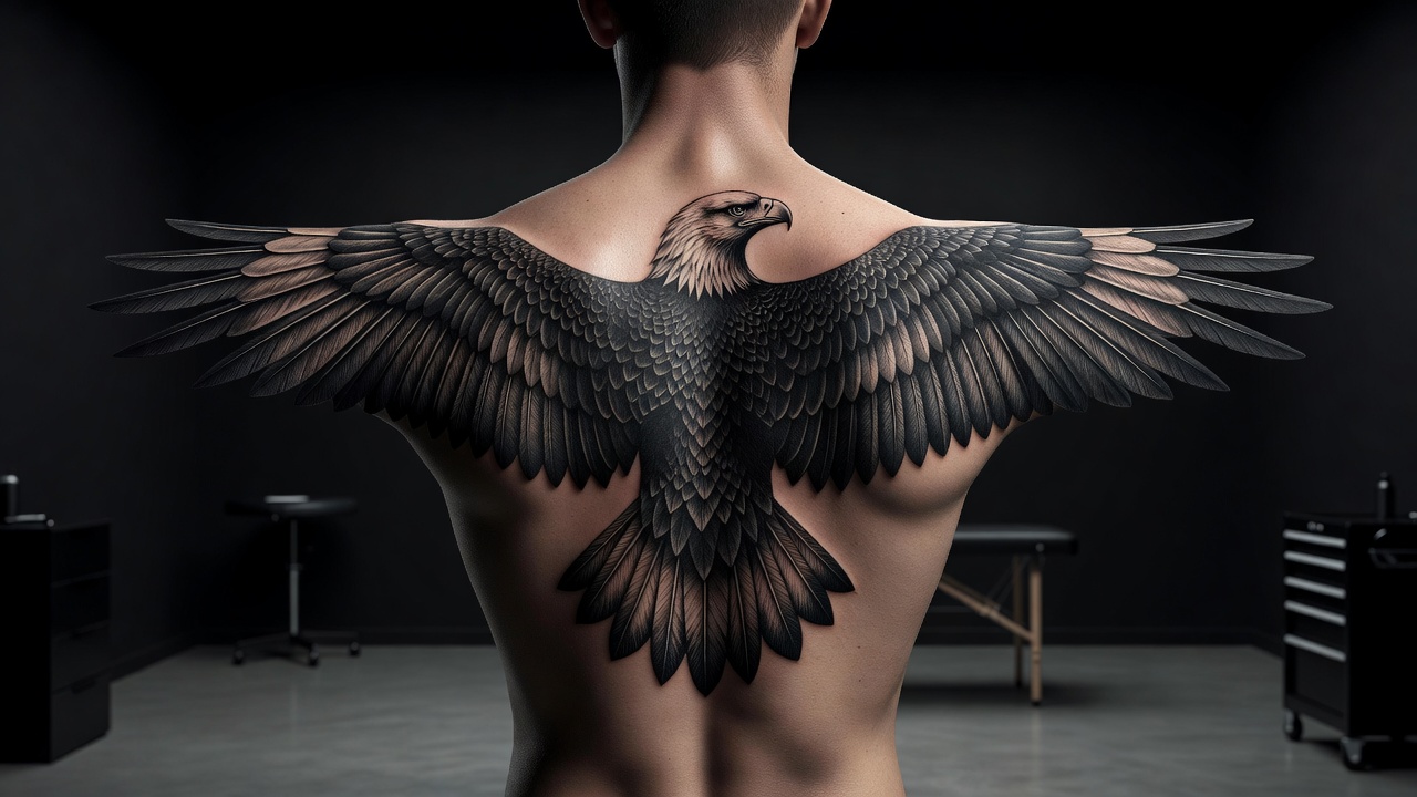 Eagle tattoo with wings spread across the upper back and shoulder blades