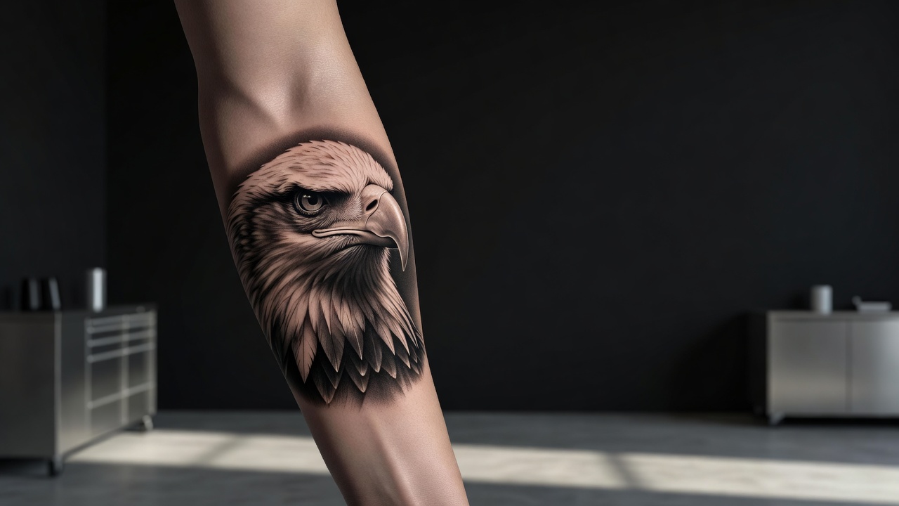Realistic eagle head tattoo on the forearm with sharp detailed eyes representing vision and strength