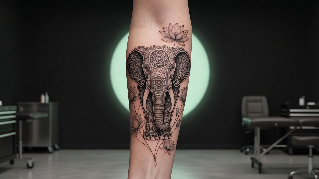 Tatouage d'éléphant avec des fleurs de lotus représentant la sagesse, la pureté et l'ancrage spirituel