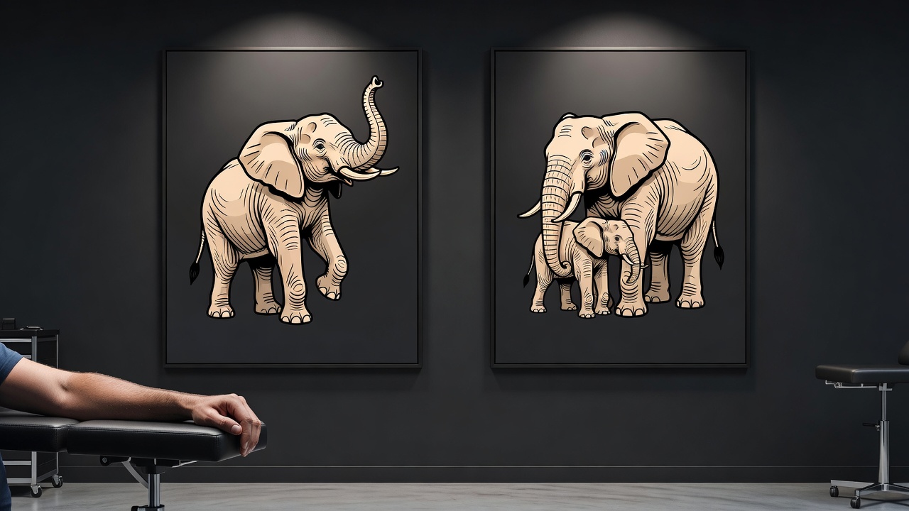 Designs de tatouage d'éléphant trompe levée et de matriarche avec son petit montrés ensemble illustrant comment le design change la signification