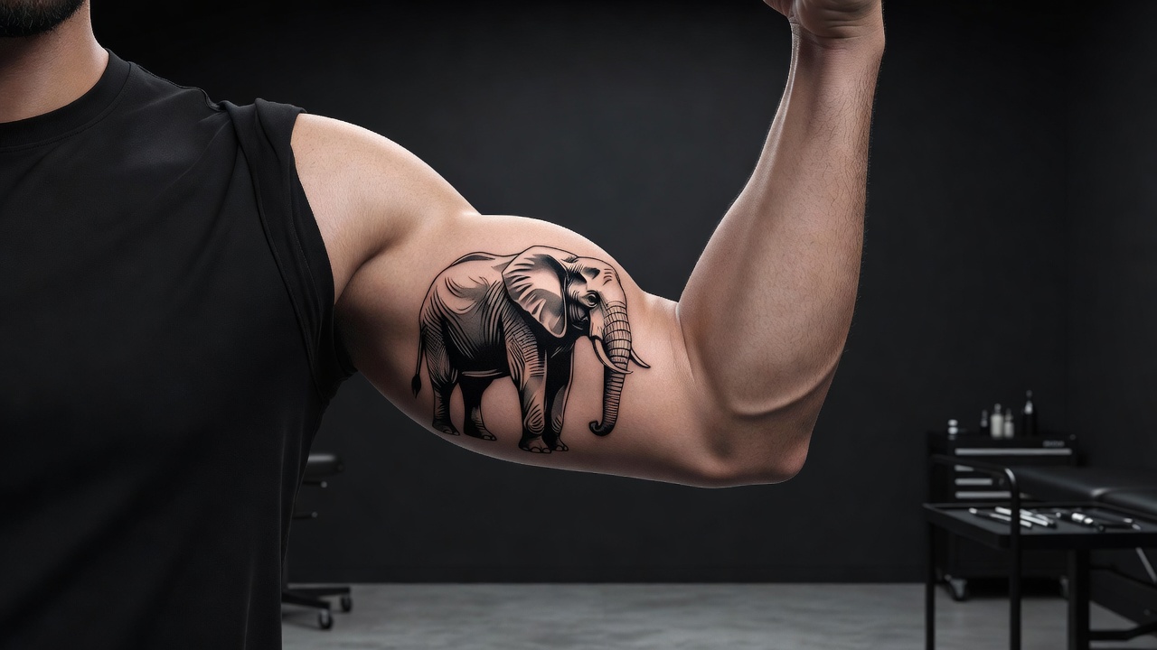 Tatouage d'éléphant audacieux sur le bras représentant la force, la sagesse et la puissance tranquille