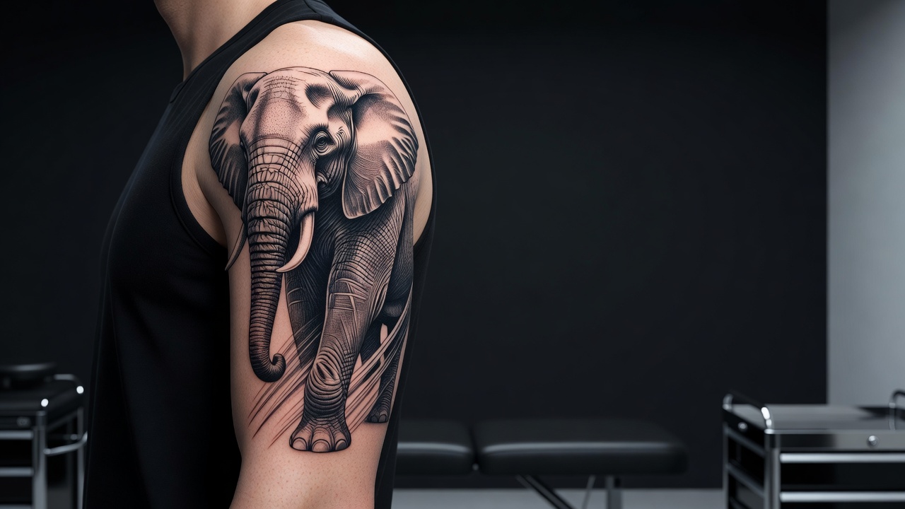 Tatouage d'éléphant détaillé s'étendant sur le bras et l'épaule avec un ombrage complexe