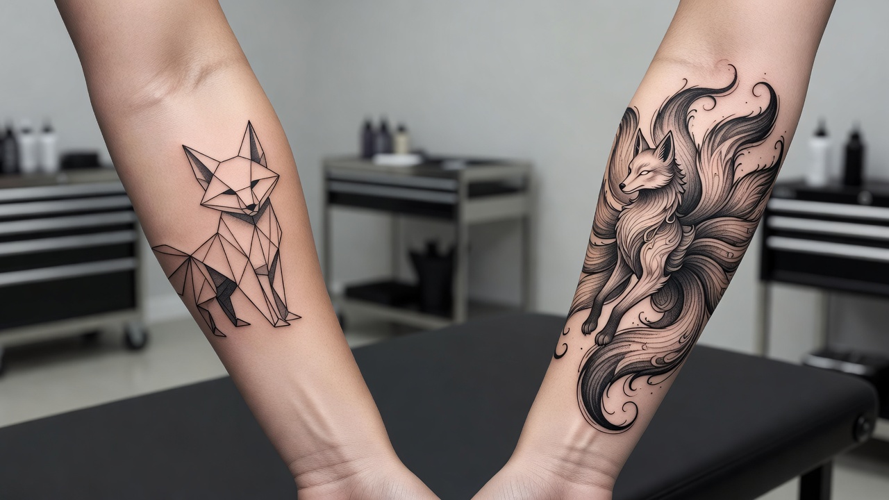 Geometric fox tattoo design compared with a nine-tailed kitsune fox tattoo design side by side
