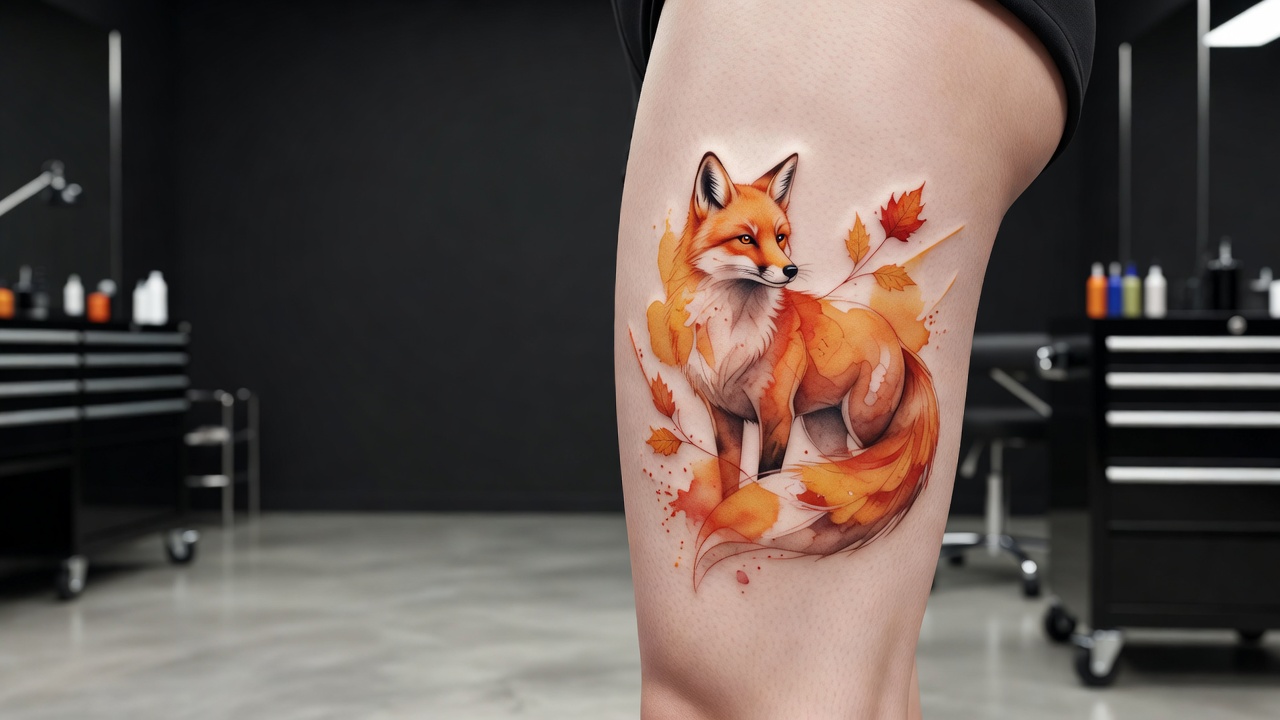 Watercolor fox tattoo with autumn foliage across the thigh and hip