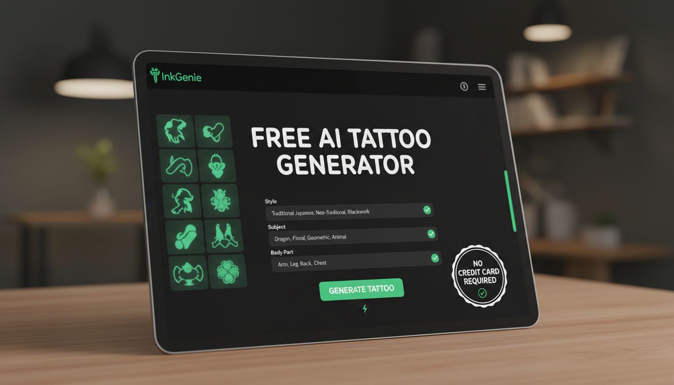 Free AI tattoo generator interface showing design options without requiring payment