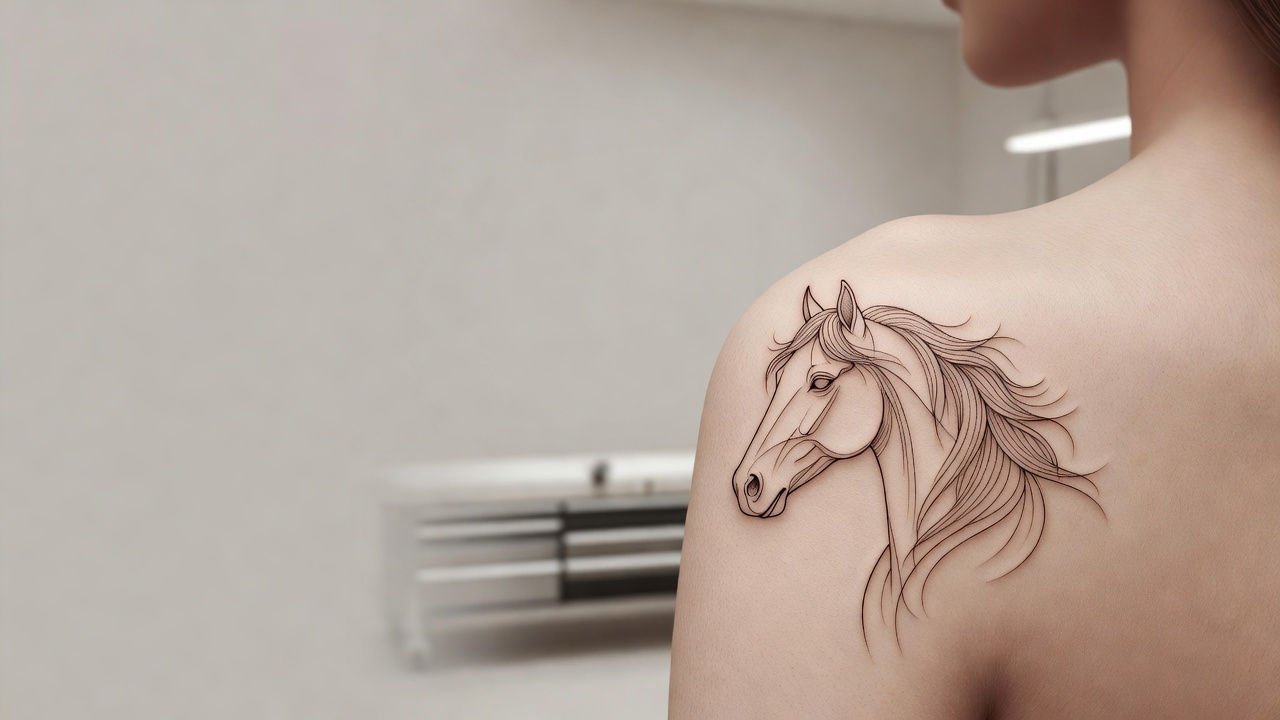 Tatuaje de cabeza de caballo en línea fina con la crin al viento en el hombro, una idea de tatuaje de cabeza de caballo