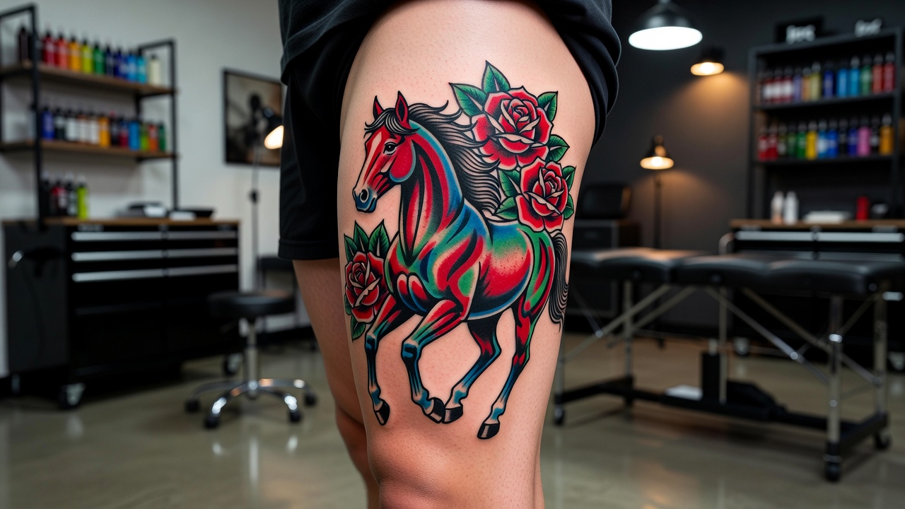 Tatuaje de caballo de estilo tradicional con contornos negros gruesos y color saturado en el muslo, una idea de diseño de tatuaje de caballo