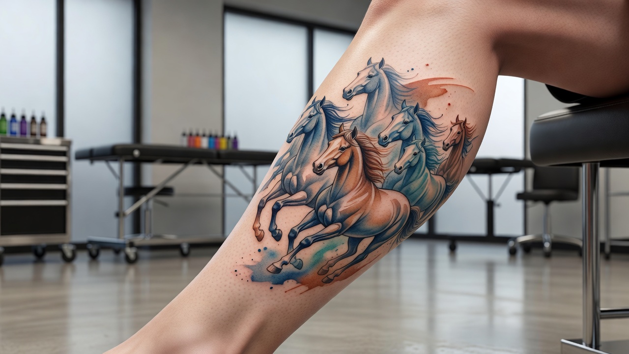 Tatuaje de caballo en acuarela de una manada al galope con suaves salpicaduras de color en la pantorrilla, una idea de tatuaje de caballo salvaje