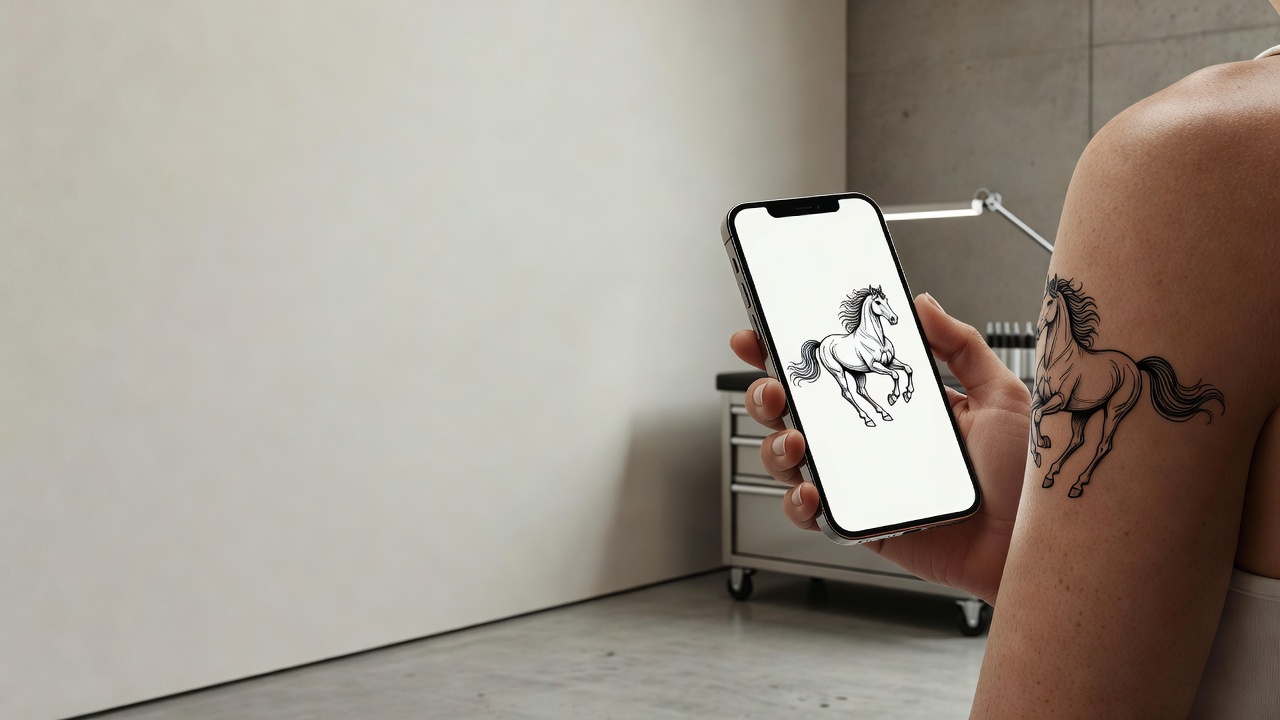 Persona probando un diseño de tatuaje de caballo en la parte superior de su brazo con un teléfono, vista previa de tatuaje de caballo