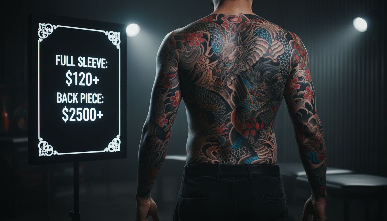 Full sleeve and back piece tattoos with $1000+ pricing displayed