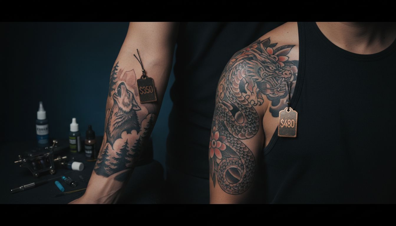 Medium sized forearm and shoulder tattoos with $200-$500 price indicators