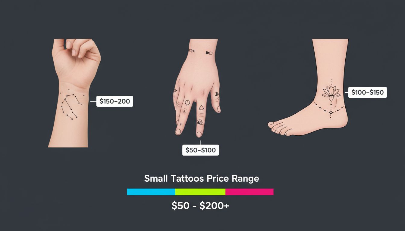 Collection of small tattoos with price range labels showing $50-$200 typical costs