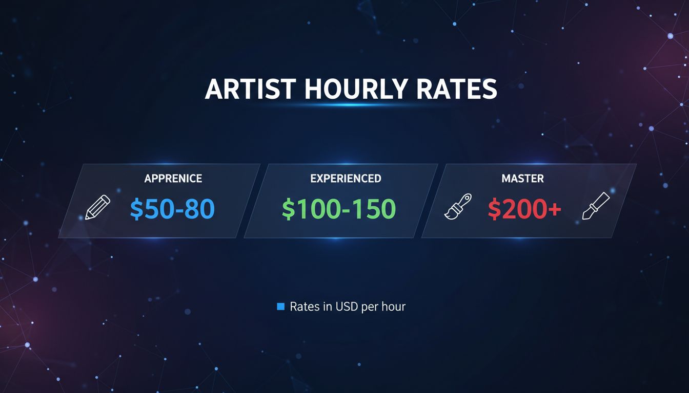 Infographic showing hourly rates by artist experience level from apprentice to master