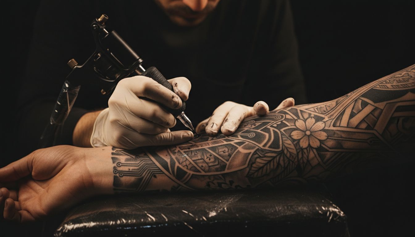 Professional tattoo artist working on detailed tattoo with modern equipment