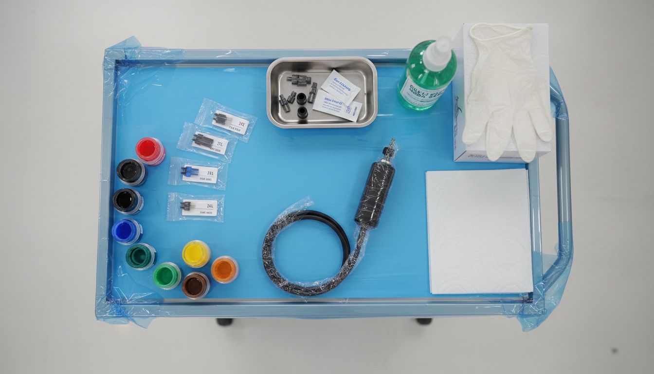 Clean professional tattoo workstation with sterile equipment and supplies