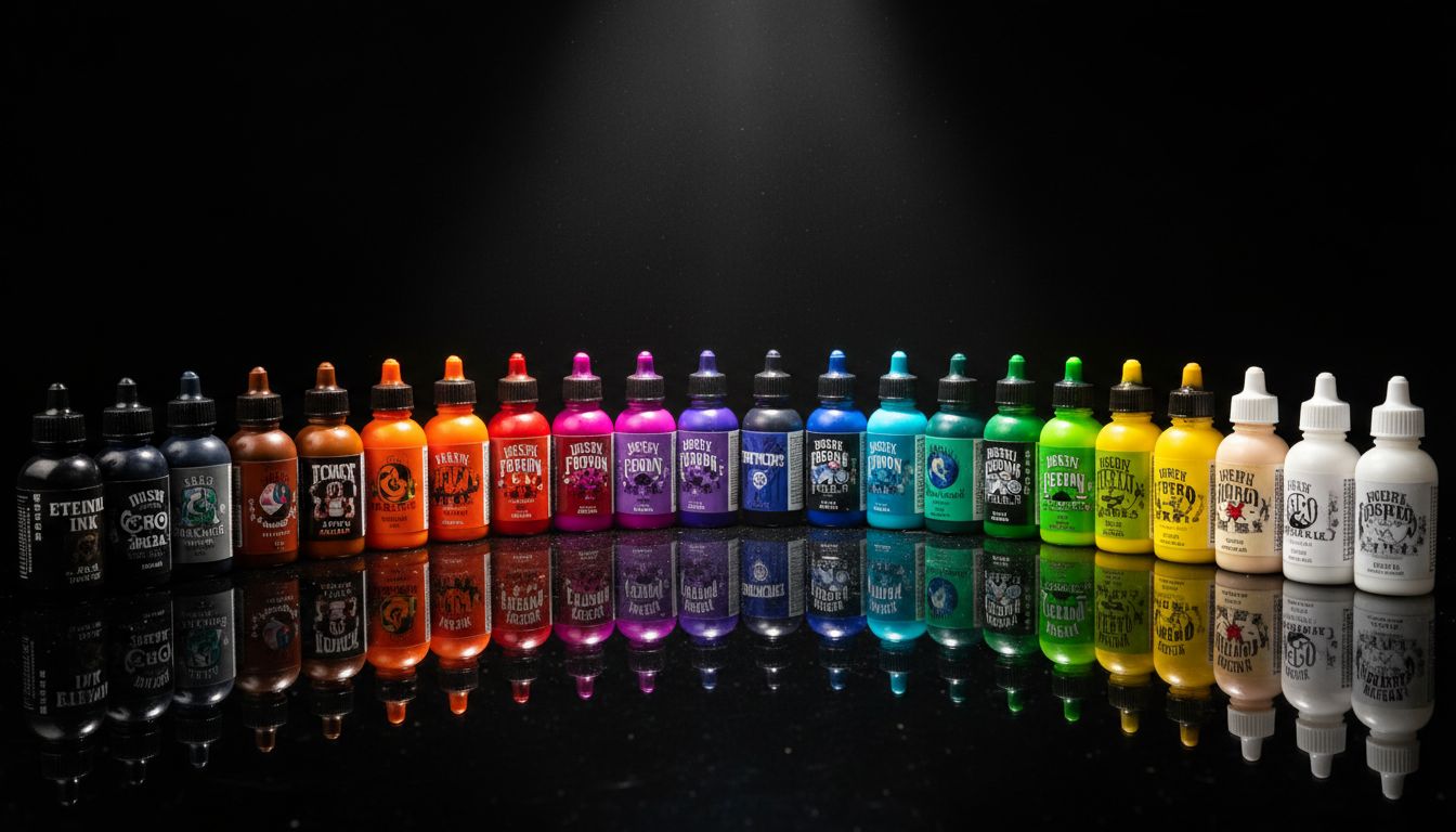 Array of professional tattoo ink bottles in various colors
