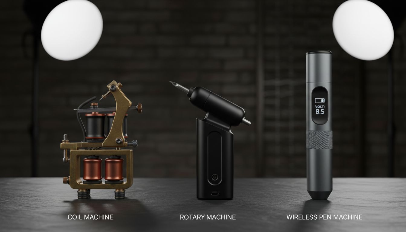 Different types of tattoo machines including coil, rotary, and pen-style machines
