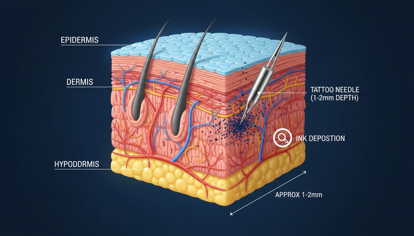 Cross-section diagram showing tattoo needle penetrating skin layers to reach the dermis