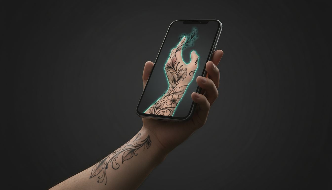 Person using AR on phone to preview an AI tattoo design on their own forearm before booking