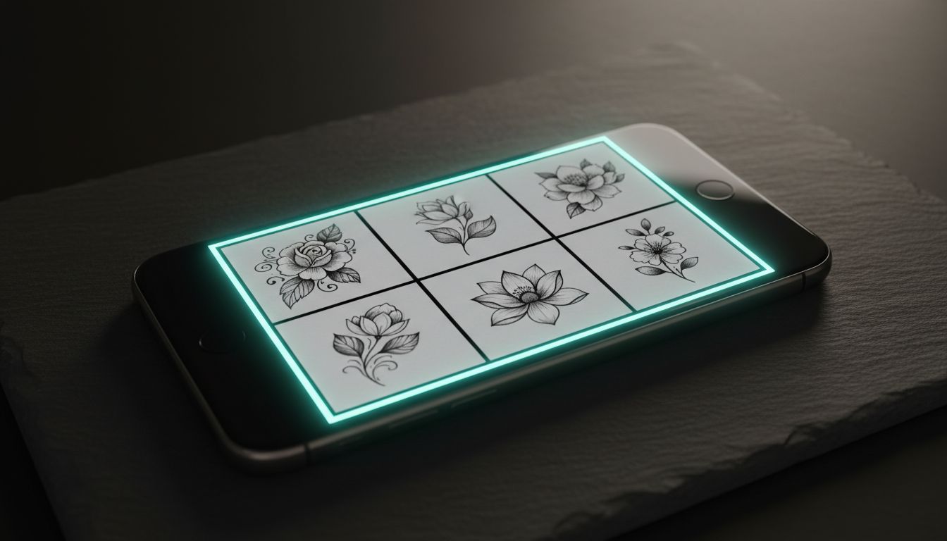 Multiple AI generated tattoo variations of the same prompt displayed side by side on a phone screen
