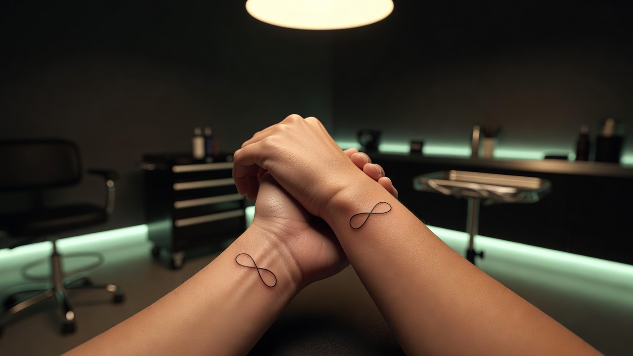 Matching infinity tattoos on two wrists representing a couple's endless love