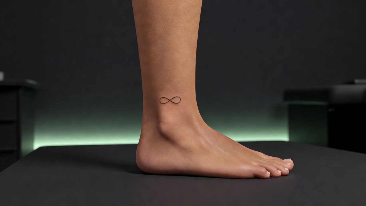 Small fine-line infinity tattoo placed on an ankle showing a popular minimalist placement