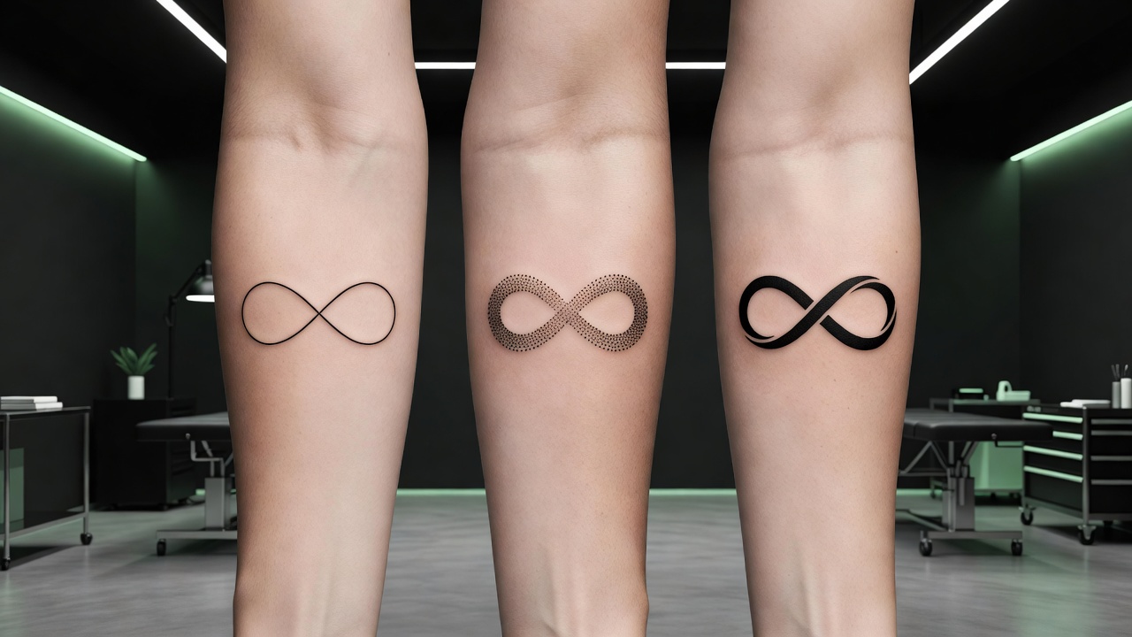 Three infinity tattoo style variations showing fine-line minimalist geometric and blackwork designs