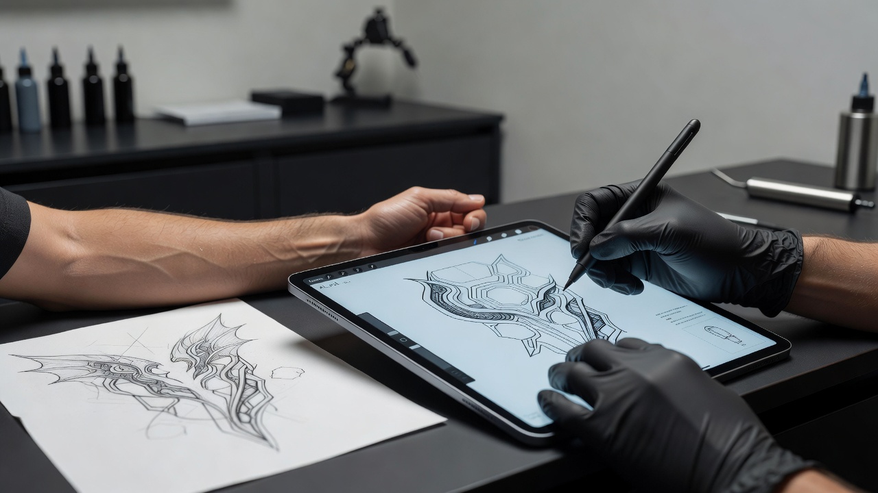 Tattoo artist refining and adapting an AI-generated tattoo design by hand before a session, which affects who holds copyright in the finished artwork