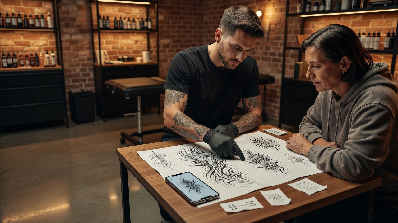 Tattoo artist and client reviewing an AI-generated tattoo concept together on a tablet during a studio consultation
