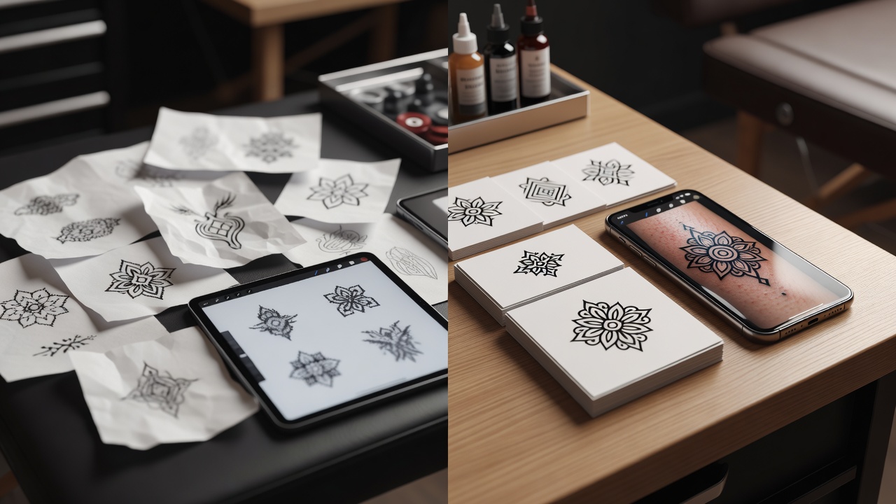 Comparison of AI tattoo app workflows showing generation, refinement and export steps across free and paid plans