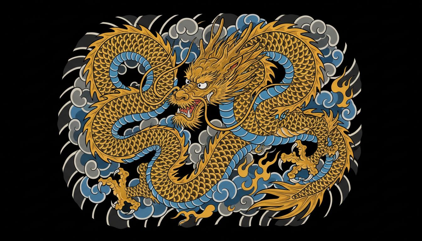 Detailed Japanese dragon tattoo design with clouds and flames in traditional irezumi style