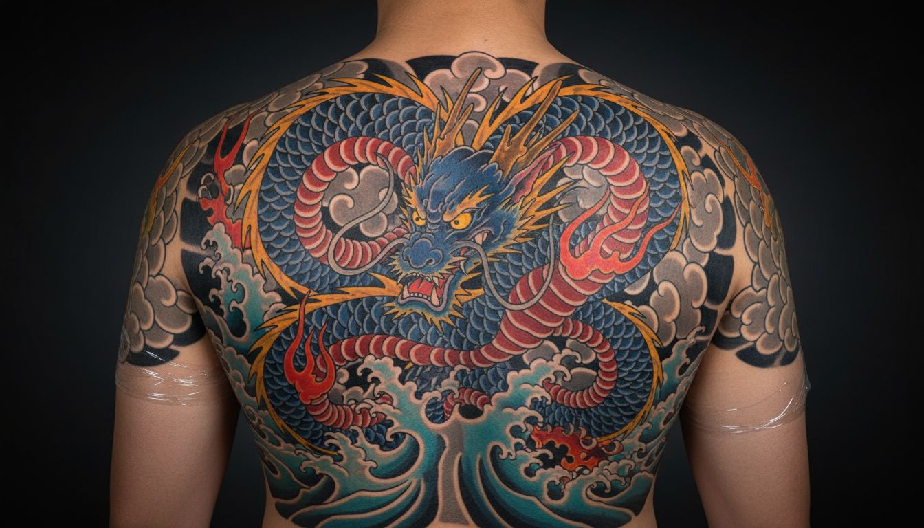 Traditional Japanese irezumi full back piece featuring dragon and waves in vibrant colors