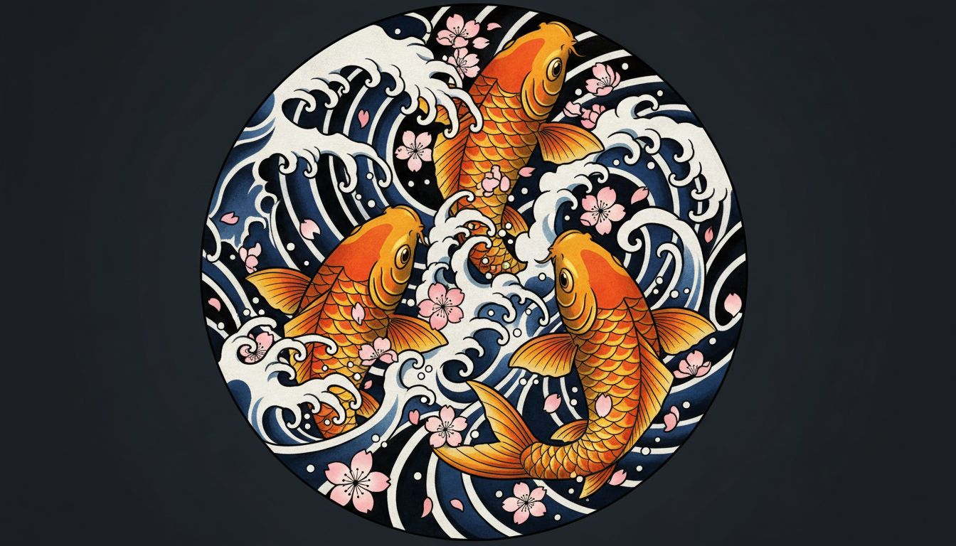 Vibrant koi fish swimming upstream through waves in traditional Japanese tattoo style