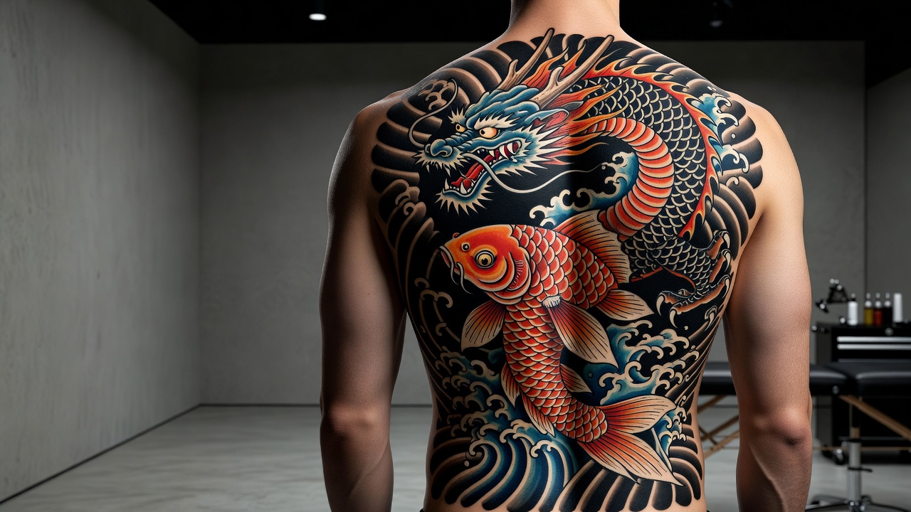 Tatuaggio pesce koi in stile giapponese tradizionale che si trasforma in drago sopra le onde dell'oceano